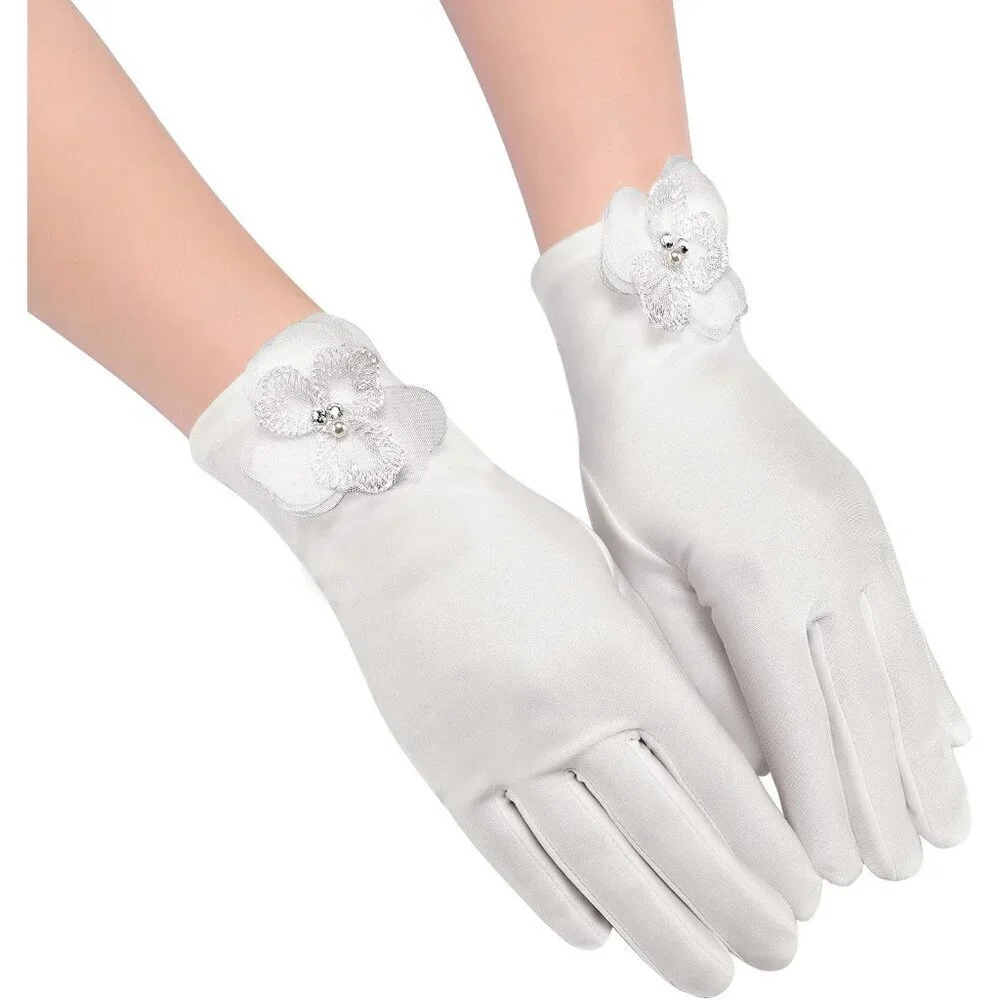 Women's Special White Flower Short Satin Gloves Formal Dress Wedding Dancing